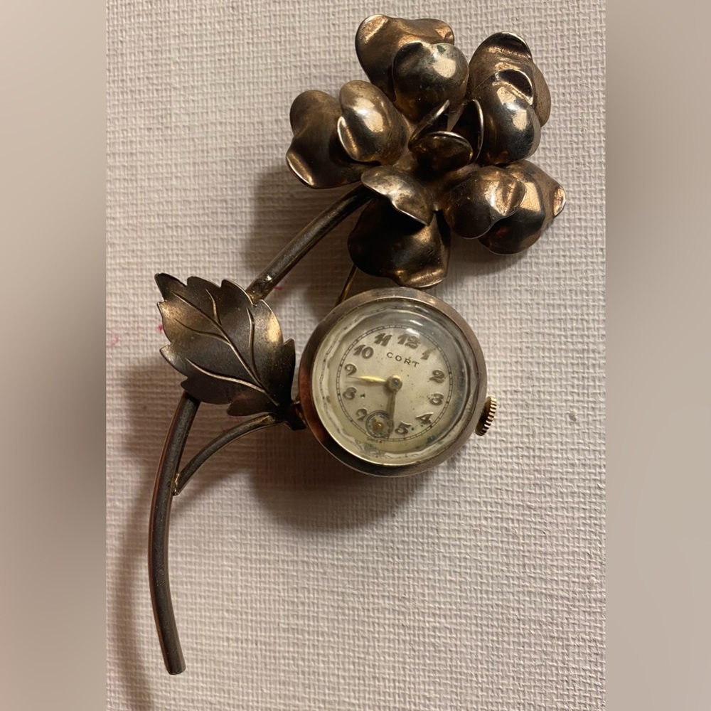 Vintage Antique Swiss Watch Sterling Flower Pin Brooch signed Cort
